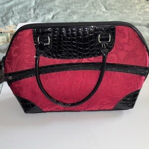 ESSENCE OF BEAUTY RED COLOR HAND BAG WITH FAUX BLACK CROC PATENT LEATHER TRIM